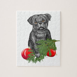 黒いパグパピー愛らしいクリスマスアート ジグソーパズル