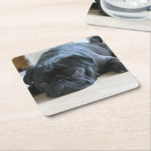 黒いパグフラット スクエアペーパーコースター (アングル)