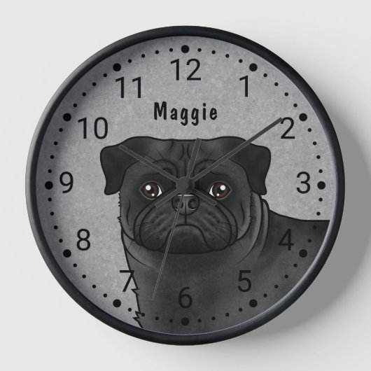 黒いパグ漫画の犬の頭を閉じて名前グレー 壁時計 (正面)