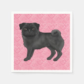 黒いパグ犬の漫画のモップ愛ハートパターンピンク スタンダードカクテルナプキン (正面)
