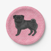 黒いパグ犬の漫画のモップ愛ハートパターンピンク ペーパープレート (正面)