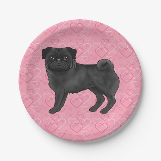 黒いパグ犬の漫画のモップ愛ハートパターンピンク ペーパープレート (正面)