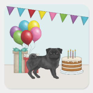 黒いパグ かわいい カートゥーン 犬 カラフル 誕生日 スクエアシール