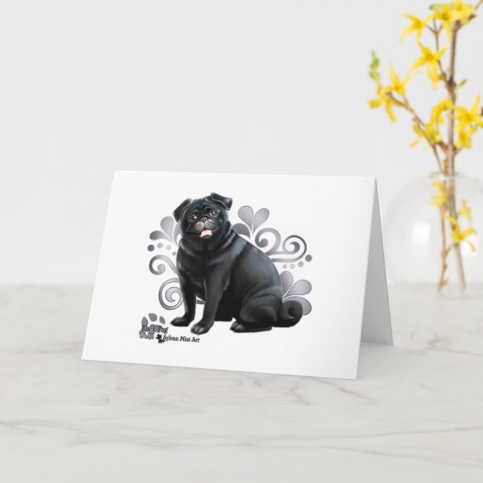 黒いパグ カード (黄色い花)