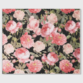 黒いパターンのピンクのビクトリアンなバラ ラッピングペーパー (フラット)