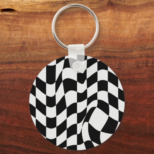 黒いパターンの上に波状の白モダンい キーホルダー (正面)