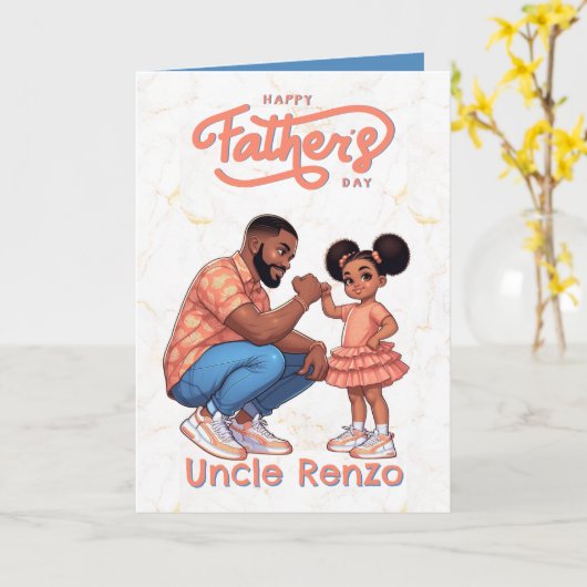 黒いパパと娘のハイタッチ オレンジと青 カード (黄色い花)