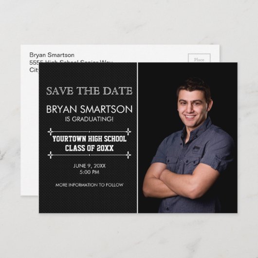 黒いパーソナライズされた写真の卒業式の日付を保存 ポストカード (正面/裏面)