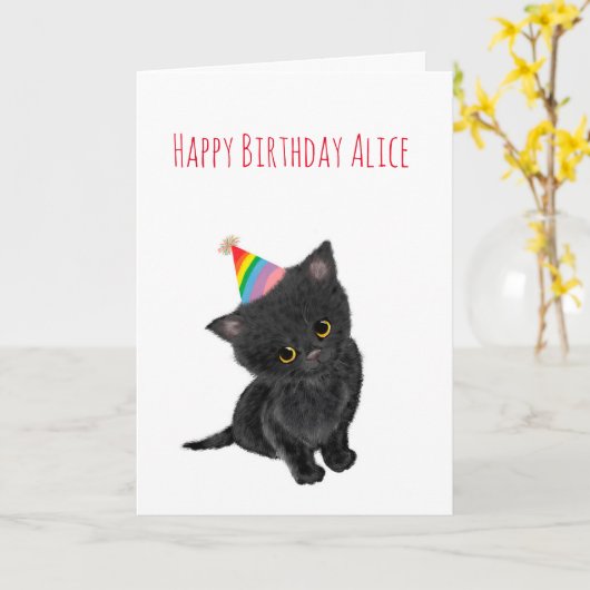 黒いパーソナライズされた子猫の誕生日カード カード (黄色い花)