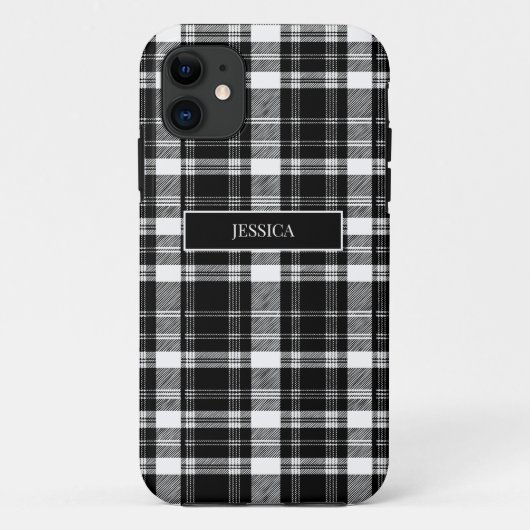 黒いパーソナライズされた格子模様の白の名モダン前 Case-Mate iPhoneケース (裏面)