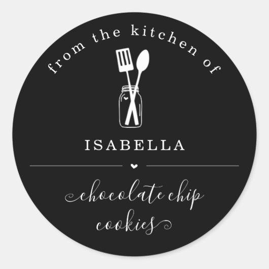 黒いパーソナライズされた背景のキッチン ラウンドシール (正面)