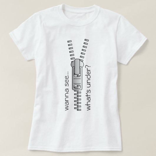 黒いパーソナル文字、ジッパーの下に何があるか見たい Tシャツ (デザイン正面)