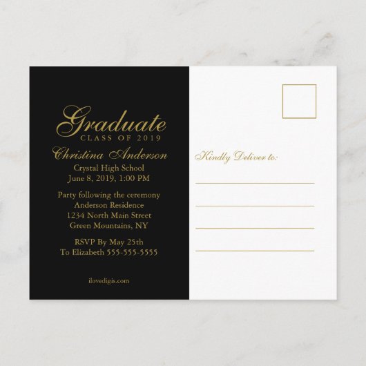 黒いパーティーの卒業の金ゴールドの卒業生の帽子及び原稿 インビテーションポストカード (裏面)