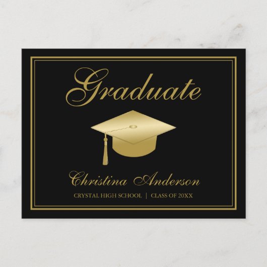 黒いパーティーの卒業の金ゴールドの卒業生の帽子及び原稿 インビテーションポストカード (正面)