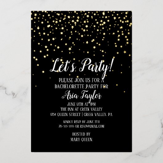 黒いパーティー紙吹雪のバチェロレッテ金ゴールド 箔招待状 (正面)