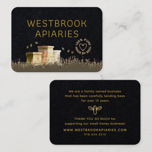 黒いビーハイブアピアラベルと金ゴールドハートとミツバチ 名刺 (正面/裏面)