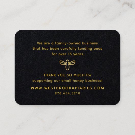 黒いビーハイブアピアラベルと金ゴールドハートとミツバチ 名刺 (裏面)