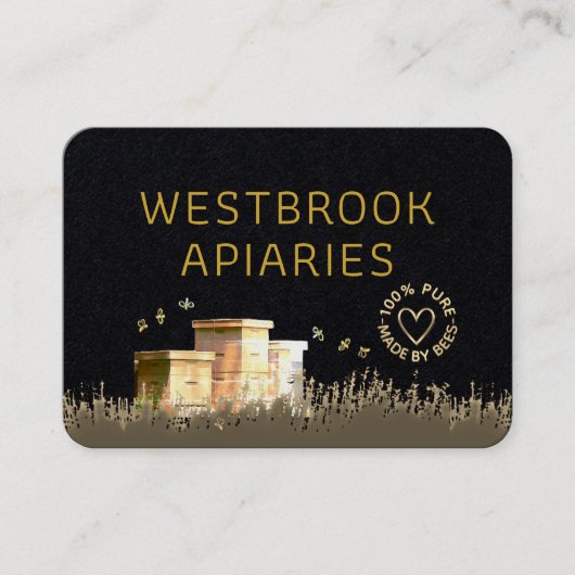 黒いビーハイブアピアラベルと金ゴールドハートとミツバチ 名刺 (正面)