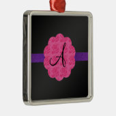 黒いピンクのバラのモノグラム メタルオーナメント (右)