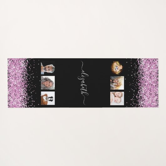 黒いピンクの名前の写真コラージュ ヨガマット (裏面(横))