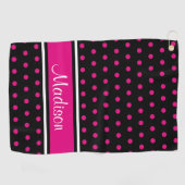 黒いピンクの水玉模様のストライプの原稿の名前 ゴルフタオル (横)