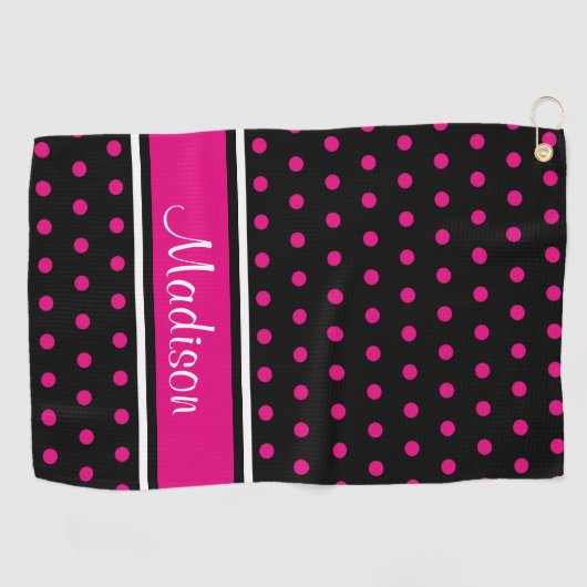 黒いピンクの水玉模様のストライプの原稿の名前 ゴルフタオル (横)