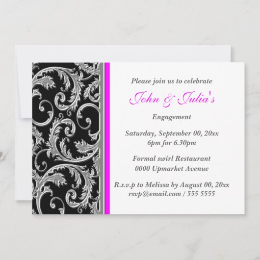 黒いピンクの渦巻の婚約記念日のカスタム 招待状 (正面)