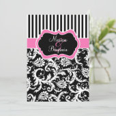 黒いピンクの白くストライプのなダマスク織の結婚式の招待 招待状 (スタンド正面)