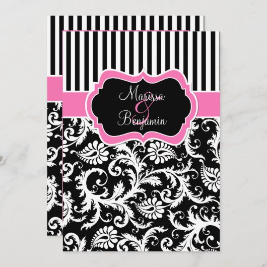黒いピンクの白くストライプのなダマスク織の結婚式の招待 招待状 (正面/裏面)