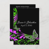 黒いピンクの緑の蝶の輝き 招待状 (正面/裏面)
