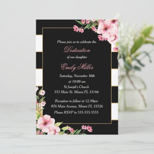 黒いピンクの花柄のストライプな献呈の招待状 招待状 (スタンド正面)