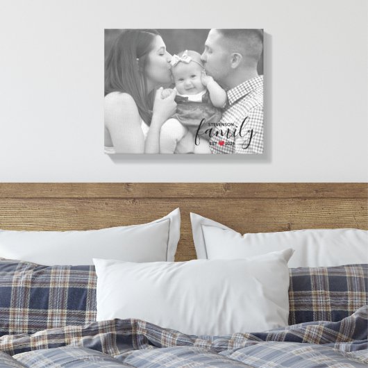 黒いファミリ名のセット。年の赤いハート家族の写真 キャンバスプリント (インサイチュ (寝室))