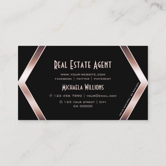 黒いファンシー幾何学模様とカッコいいバラ金ゴールドとロゴ 名刺 (裏面)