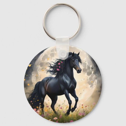 黒いファンタジーの馬が月の前に キーホルダー (正面)