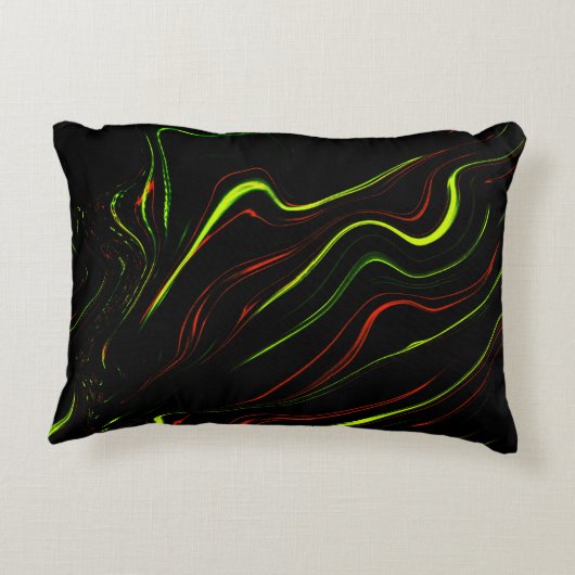 黒いファンドに派手な緑と赤の長い波状の痕跡 アクセントクッション (裏面)