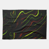 黒いファンドに派手な緑と赤の長い波状の痕跡 キッチンタオル (横)