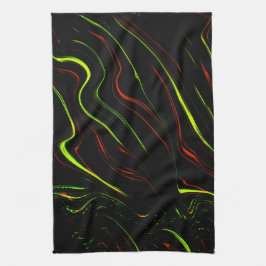 黒いファンドに派手な緑と赤の長い波状の痕跡 キッチンタオル