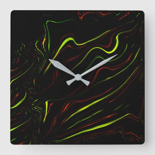 黒いファンドに派手な緑と赤の長い波状の痕跡 スクエア壁時計 (正面)