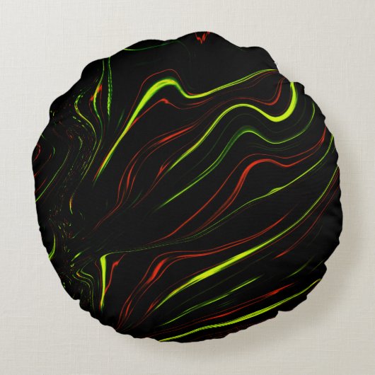 黒いファンドに派手な緑と赤の長い波状の痕跡 ラウンドクッション (裏面)