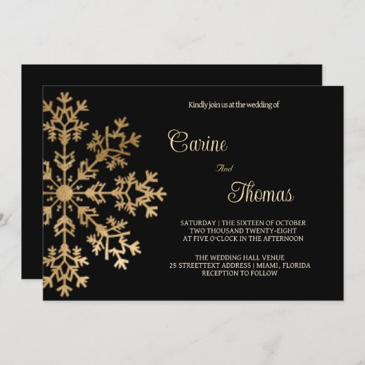 黒いフェイク冬の結婚式のシックな金ゴールドスノーフレーク 招待状 (正面/裏面)