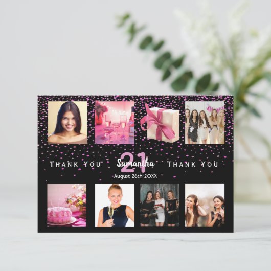 黒いフォトコラージュの誕生日サンキューカード (スタンド正面)