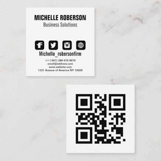 黒いフォント、qrコードと白い背景の記号 スクエア名刺 (正面/裏面)