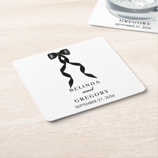 黒いフォーマルリボンエレガントな結婚式 スクエアペーパーコースター (アングル)