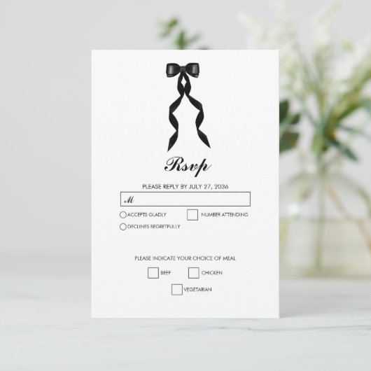 黒いフォーマルリボンエレガントな結婚式 出欠カード (スタンド正面)