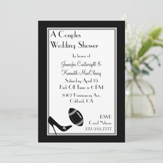 黒いフットボールはウェディングシャワーの招待状をつなぎます 招待状 (スタンド正面)