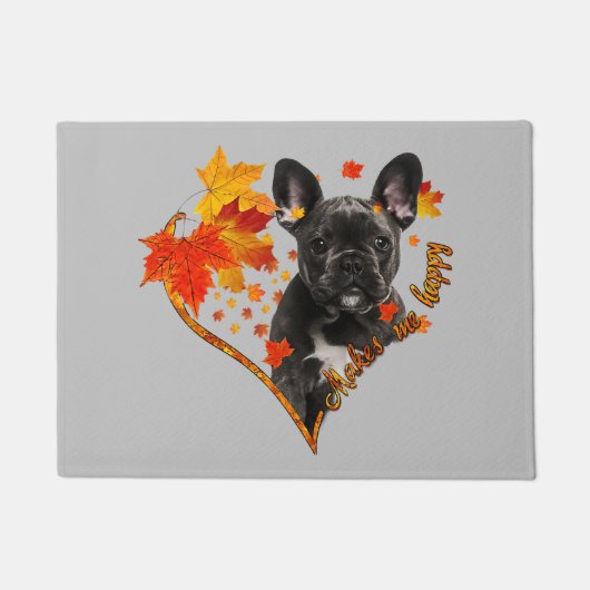 黒いフランスのブルドッグ私は幸せな秋ハートlea ドアマット (正面)
