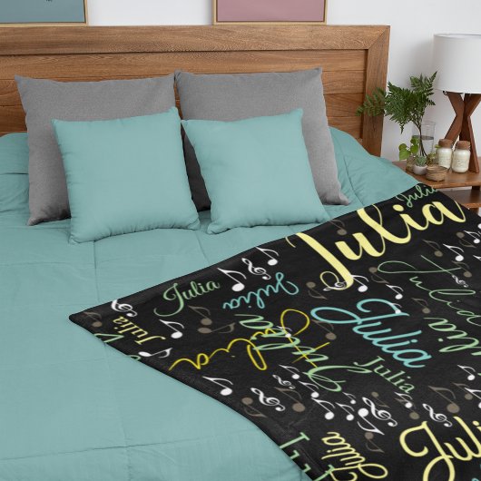 黒いフリースブランケット(色の名前とクレフ、 音符記号) フリースブランケット