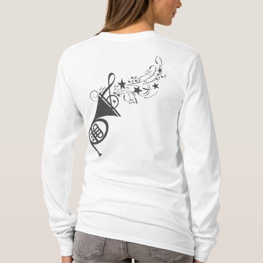 黒いフレンチ・ホルンの真鍮のミュージシャンの音楽祭 Tシャツ (裏面)