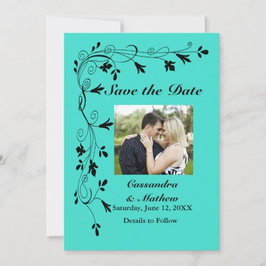 黒いフローラつる植物のターコイズまたは救色の日付 セーブザデート (正面)