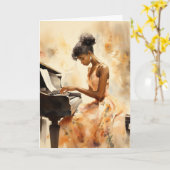 黒いフローラドレスを着た遊女はピアノだ カード (黄色い花)